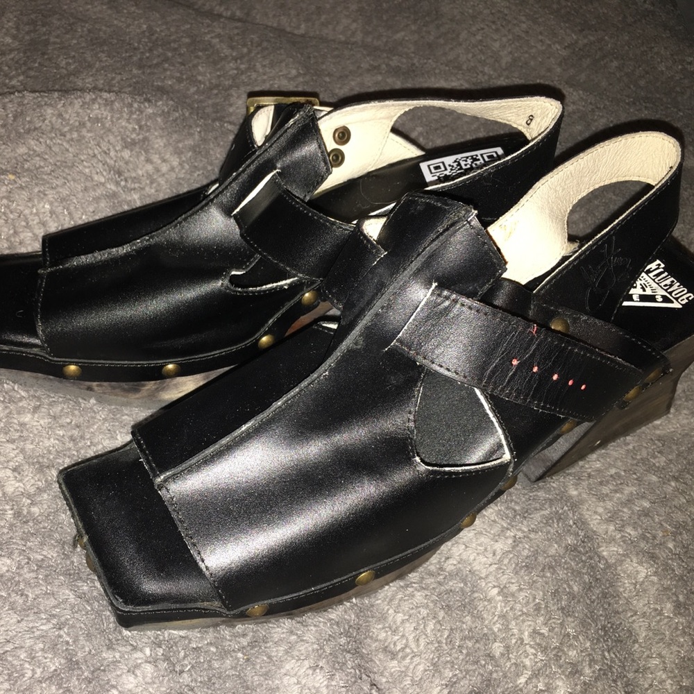John Fluevog Wood and Leather Sandals 8