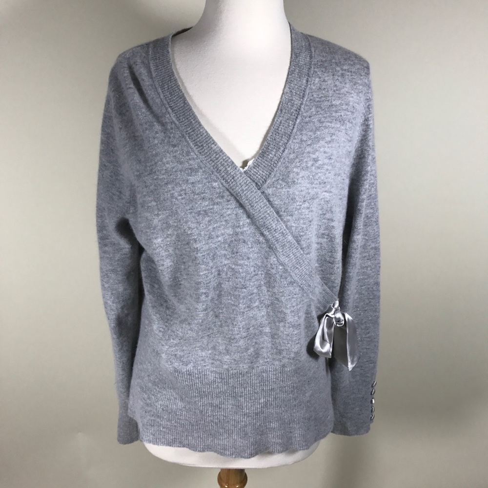 Lucy and laurel gray wool faux wrap sweater w bow