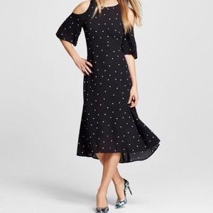 Cold Shoulder Midi Dress Black Polka Dot