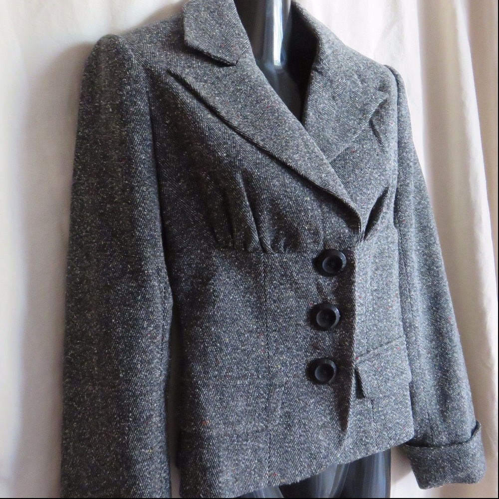 Bisou Bisou Fitted Cotton Blend Gray Tweed Suit Blazer Jacket