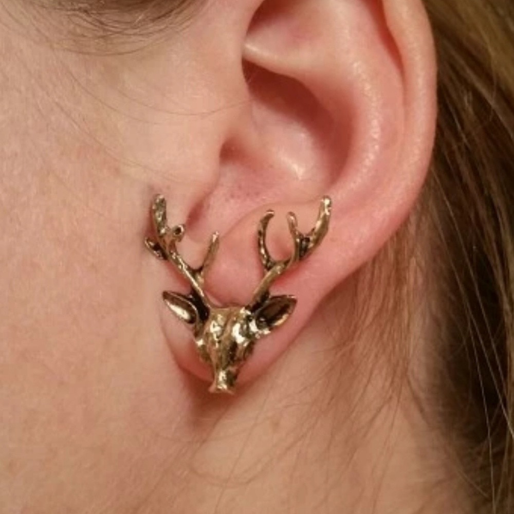 Gold Tone Deer Antler Stud Earrings - Picture 2 of 6