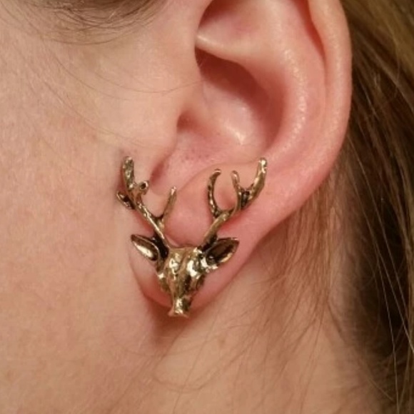 Gold Tone Deer Antler Stud Earrings - Picture 2 of 6