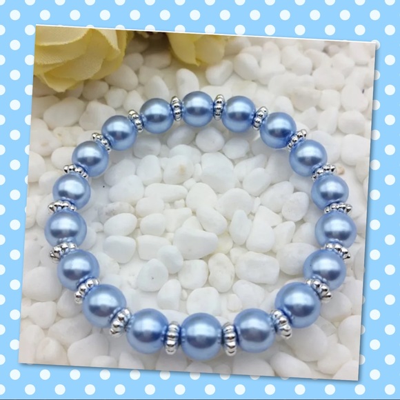 💎NEW LT BLUE 8mm Glass Pearl/Silv Stretch - Picture 1 of 2