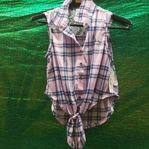 No boundries sleeveless plaid pink shirt with lace