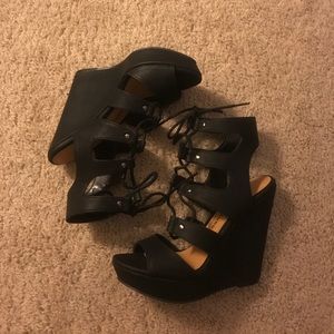 Chinese laundry black laces up wedges