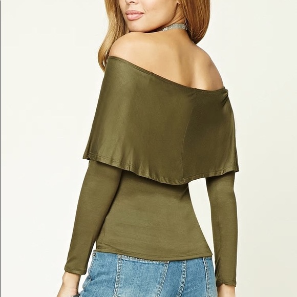 NWT OFF SHOULDER OLIVE DRAPE FITTED TOP BLOUSE M - Picture 2 of 5