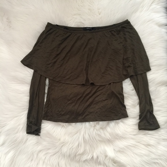 NWT OFF SHOULDER OLIVE DRAPE FITTED TOP BLOUSE M - Picture 4 of 5