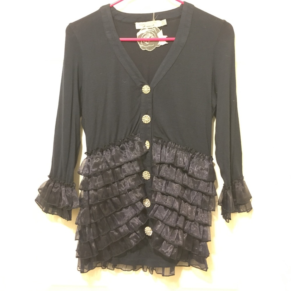 Navy Ruffled Sweater with crystal buttons