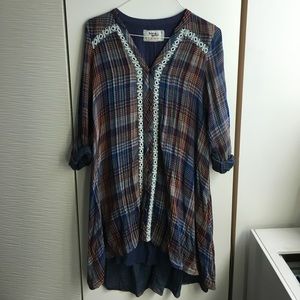 Plaid embroidered swing shirt dress