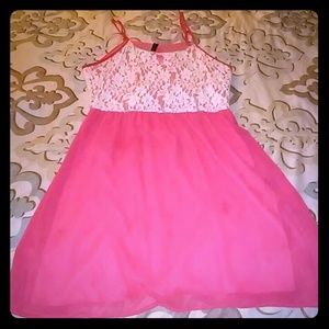 Coral dress, cream lace on top