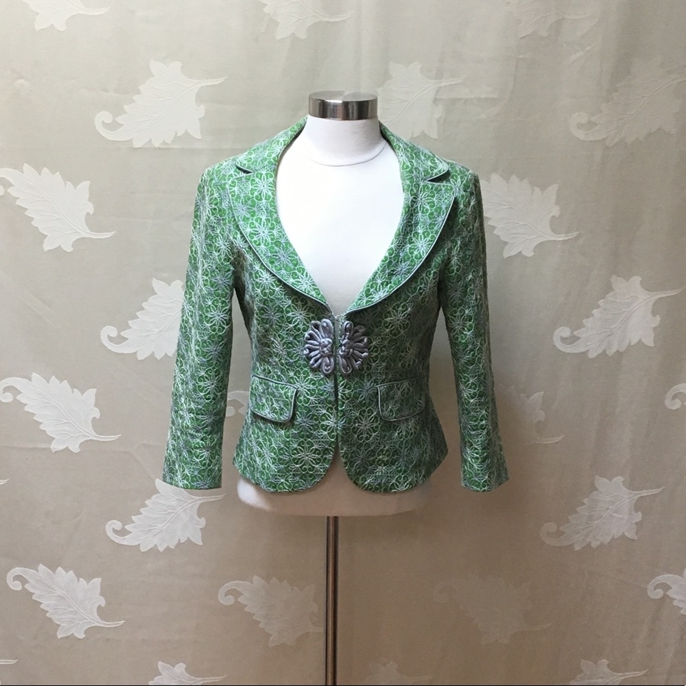 Nanette Lepore Green Embroidered 3/4 Sleeve Blazer