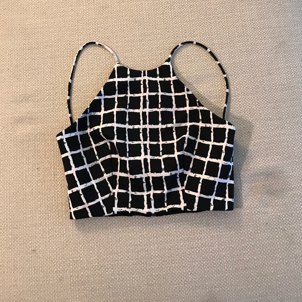 Black and white high neck crop top with low back