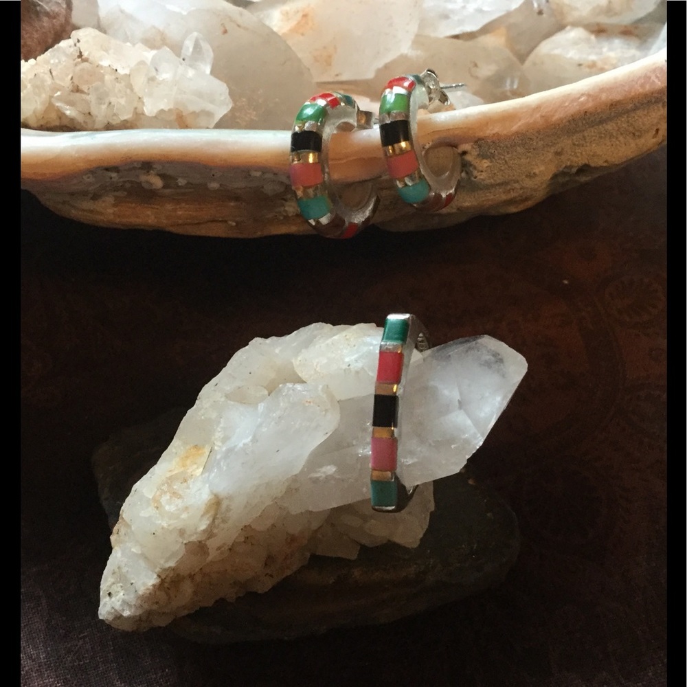 .925 Silver ,Multi Stone ,Inlay Ring & Earrings