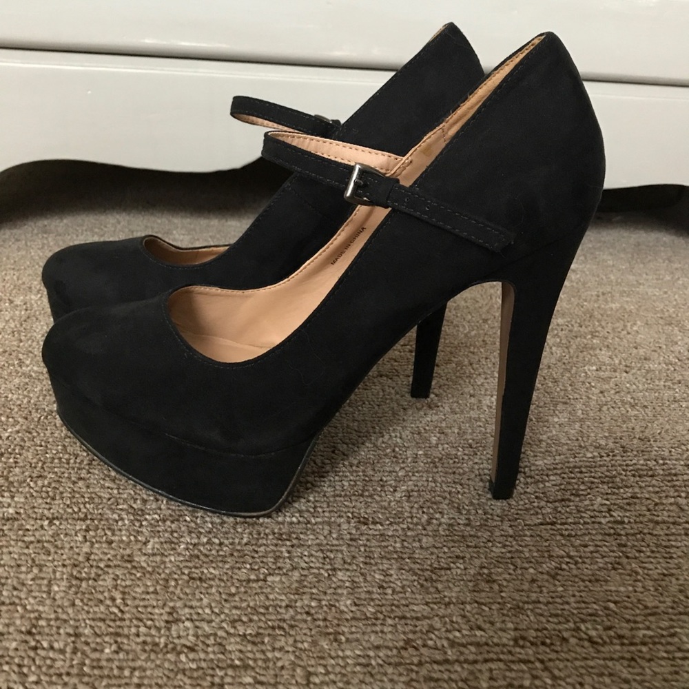 Black Faux Suede Platform Heels with Buckle