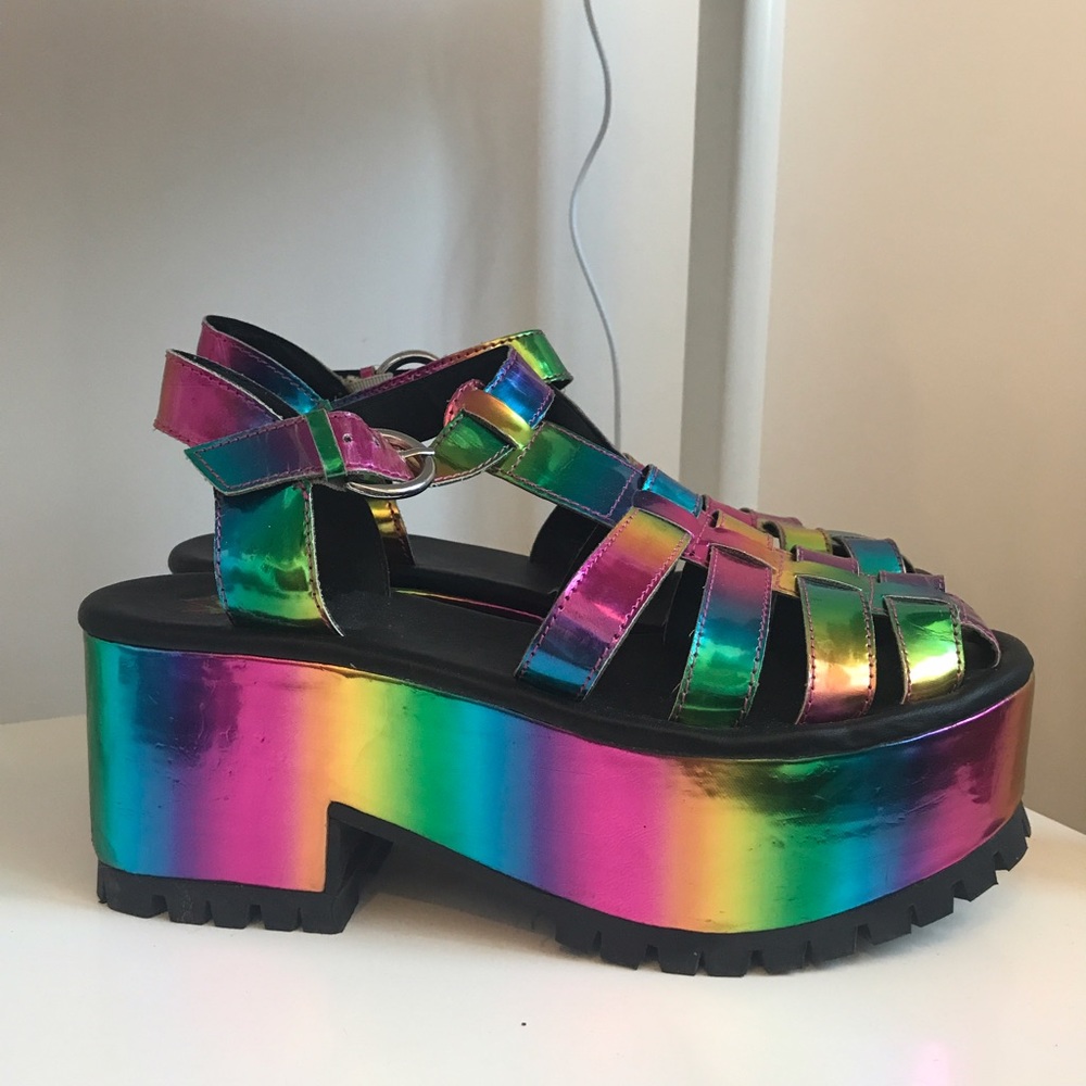 Rainbow Metallic YRU Platform Sandals // 9