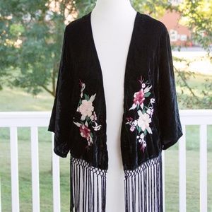 Velvet Cardigan with Floral Embroidery