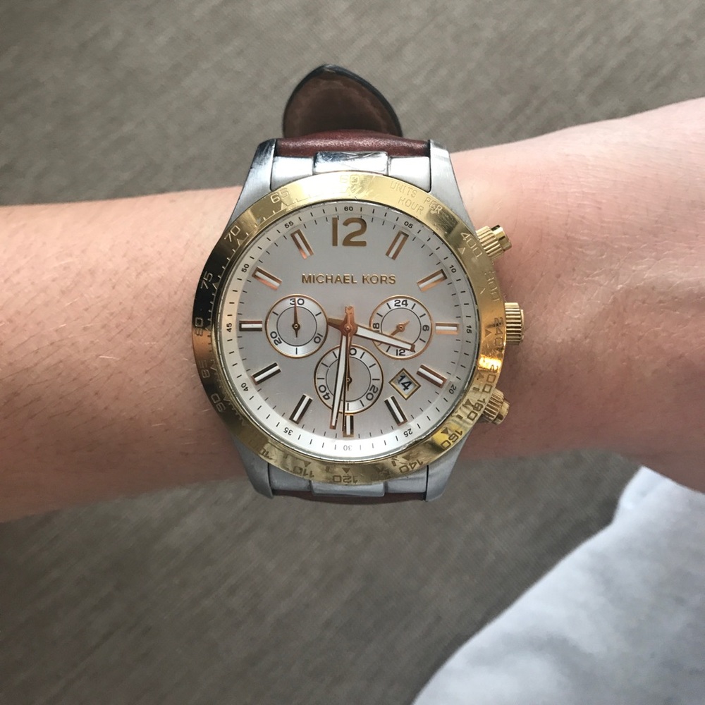 Michael Kora large gold and silver leather watch