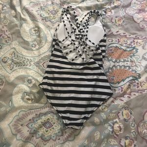 Black and white striped bathing suit