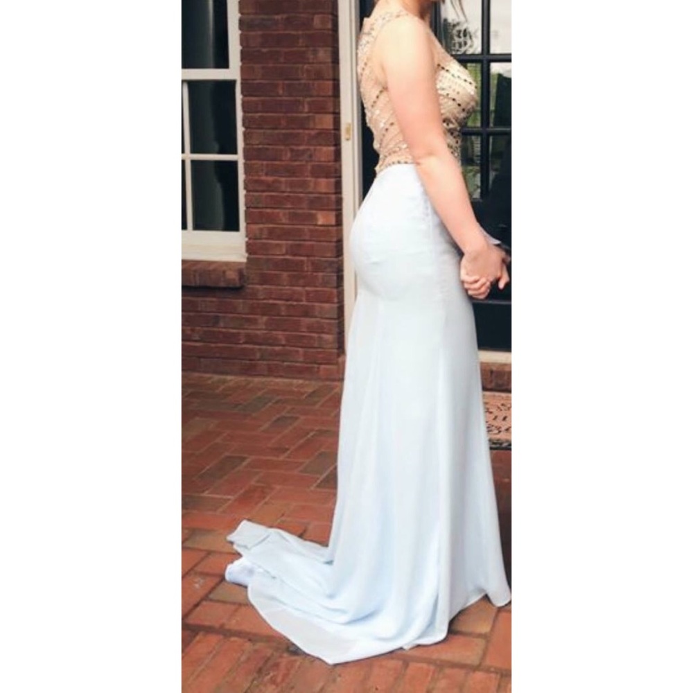 Blue and Nude Prom Dress with Rhinestones