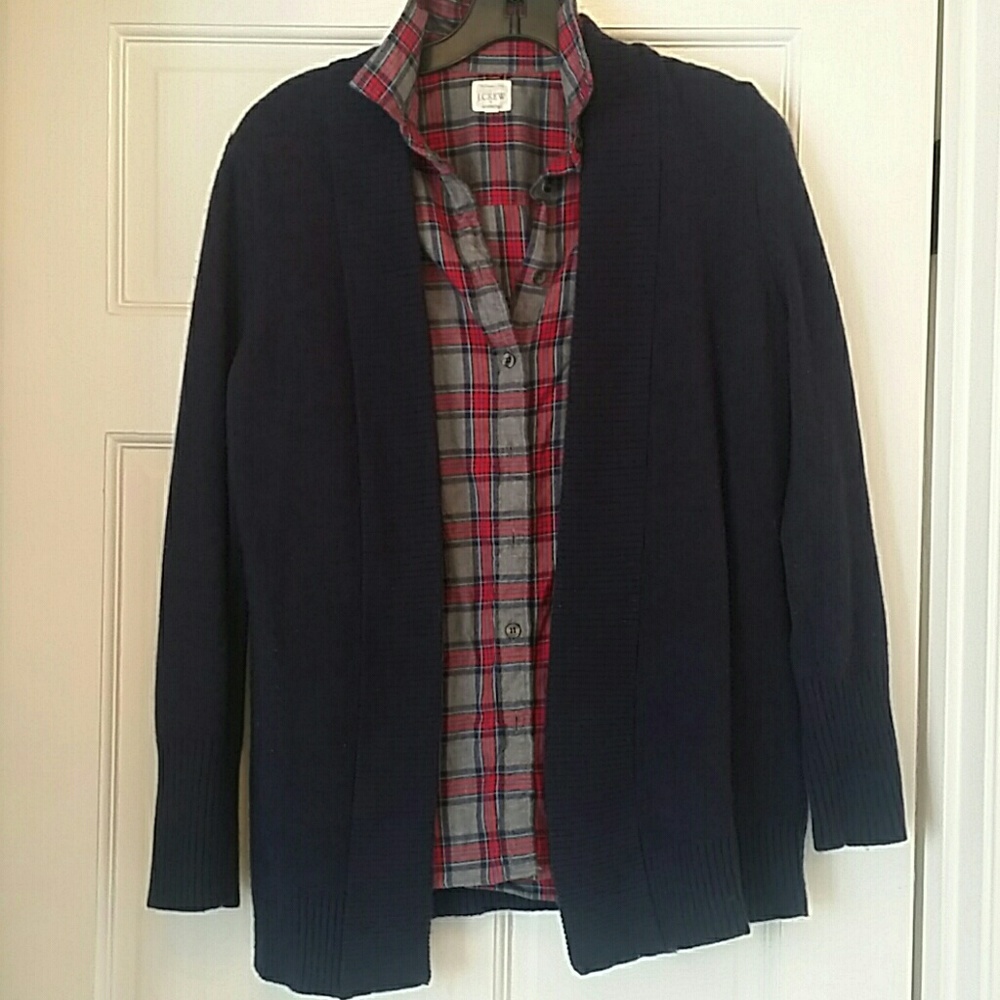 J Crew Flannel Shirt and Navy Wool Sweater