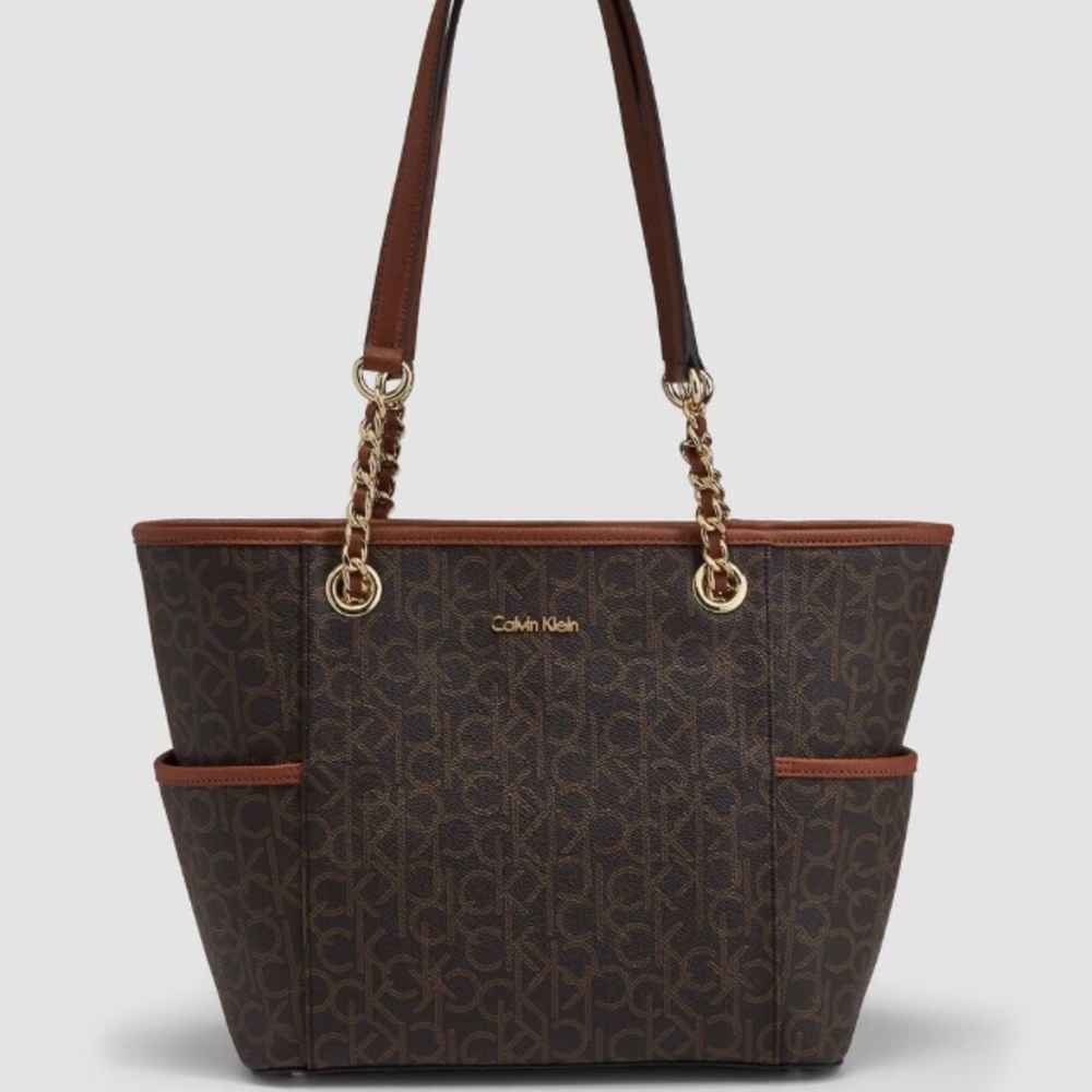 Calvin Klein brown tote purse w/ chain link straps
