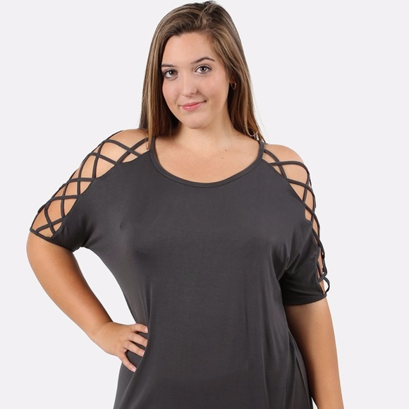 PLUS--Vickey Shoulder Ladder Detail Dolman Top - Picture 2 of 5