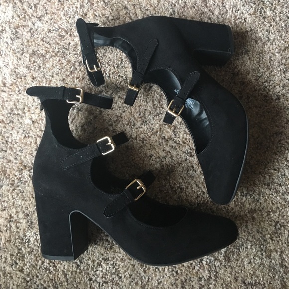 A New Day Shoes - Strappy Black Suede Heels