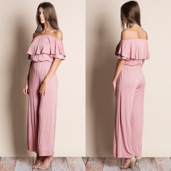 Pink Ruffle Off Shoulder Jumpsuit - Picture 2 of 2