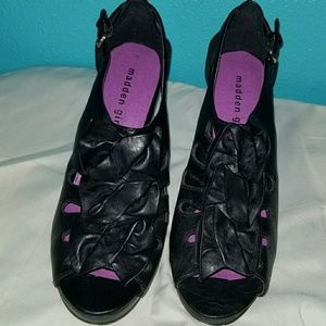 Black ruffled caged heels