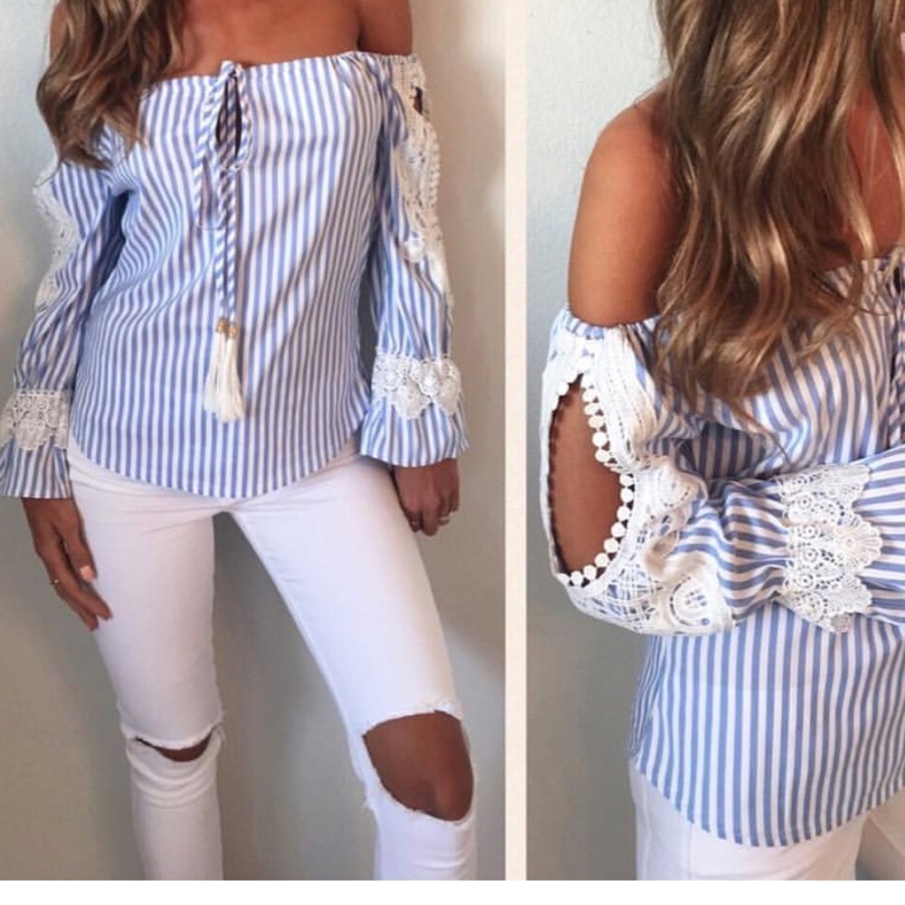 Off the Shoulder Cutout Lace Striped Blouse - Picture 1 of 6