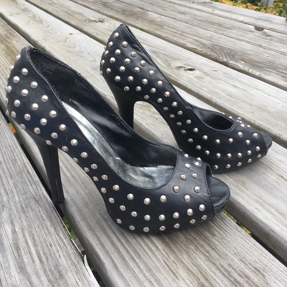 Black Peep-Toe Studded Heels