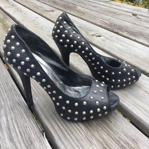 Black Peep-Toe Studded Heels