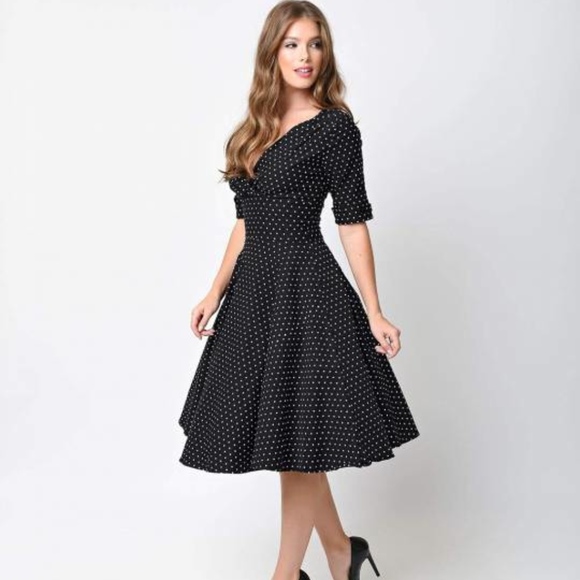 Delores Swing Dress in Black with White dots - Picture 1 of 5