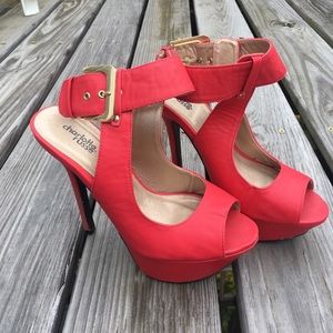 Red Platform Peep-Toe Heels w/ Ankle Strap Closure