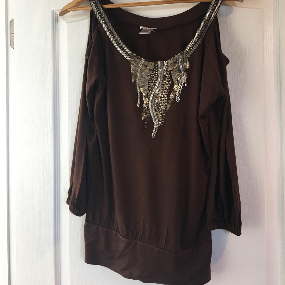 Cache Beaded Cold Shoulder Top - image 2