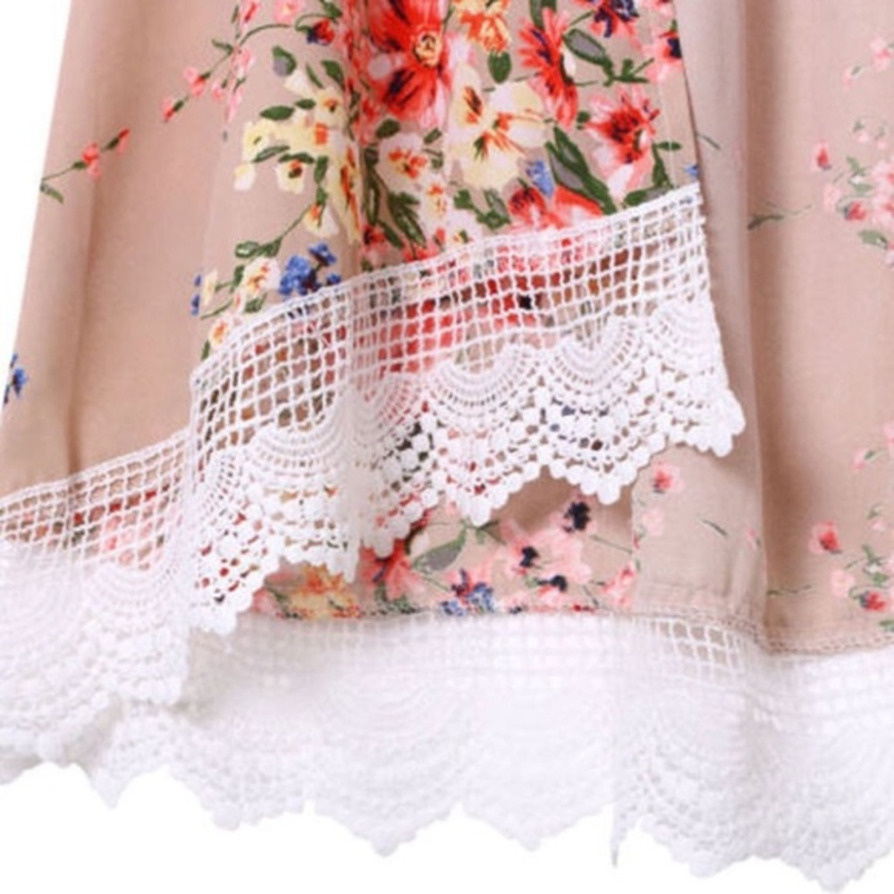 Printed Chiffon Loose Floral Kimono With Lace- Tan - Picture 6 of 8