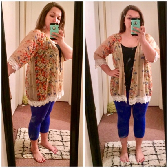 Printed Chiffon Loose Floral Kimono With Lace- Tan - Picture 4 of 8