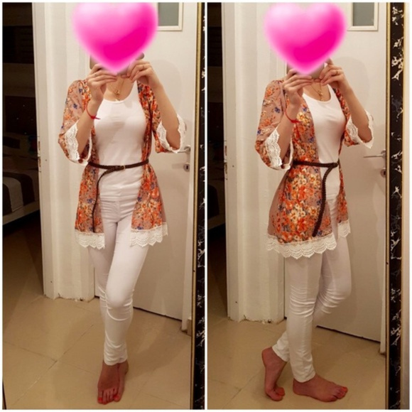 Printed Chiffon Loose Floral Kimono With Lace- Tan - Picture 7 of 8