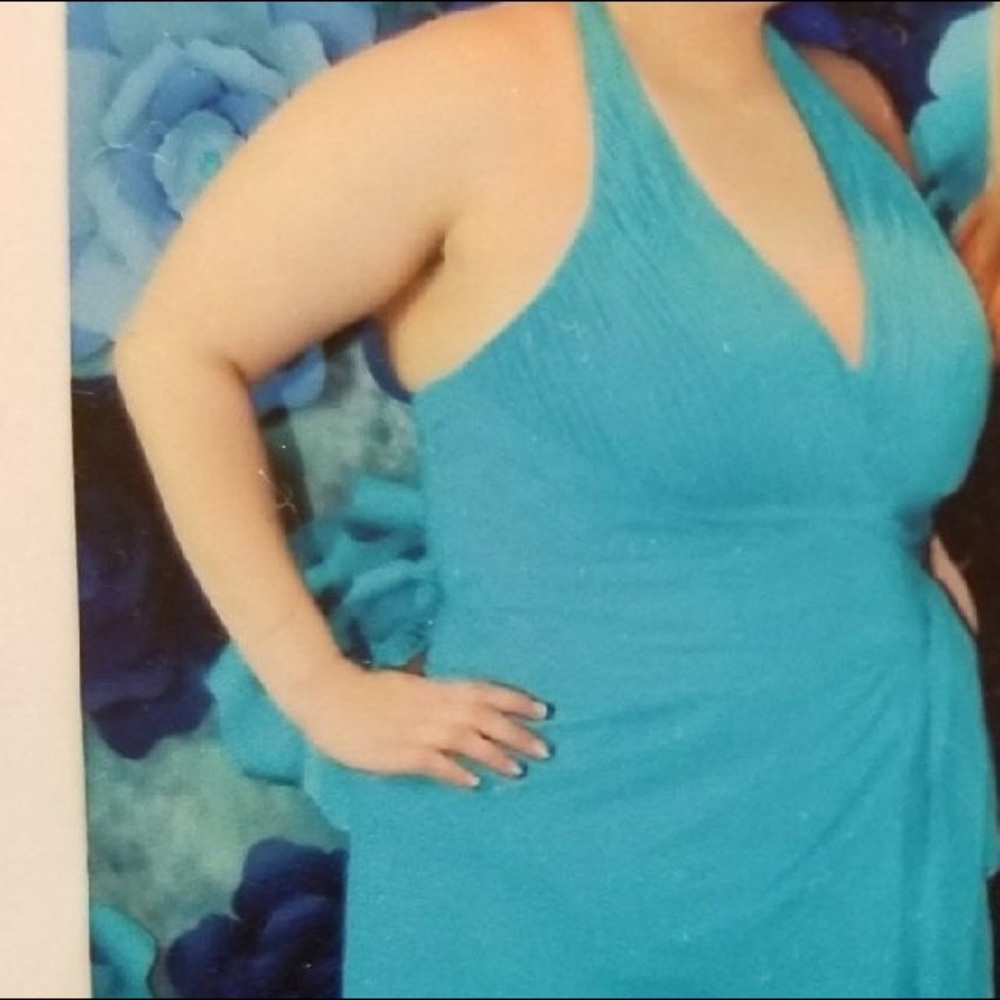 Davids Bridal blue halter top bridesmaid dress