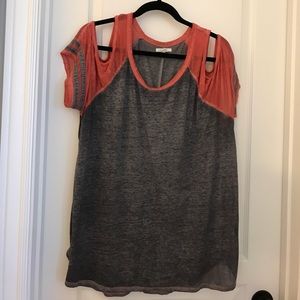 gray and pink tee with peekaboo shoulders