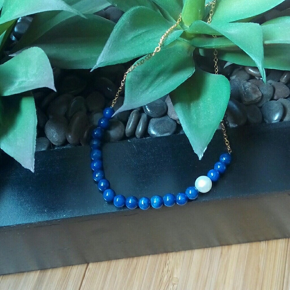 Gold Sterling Lapis Pearl Necklace