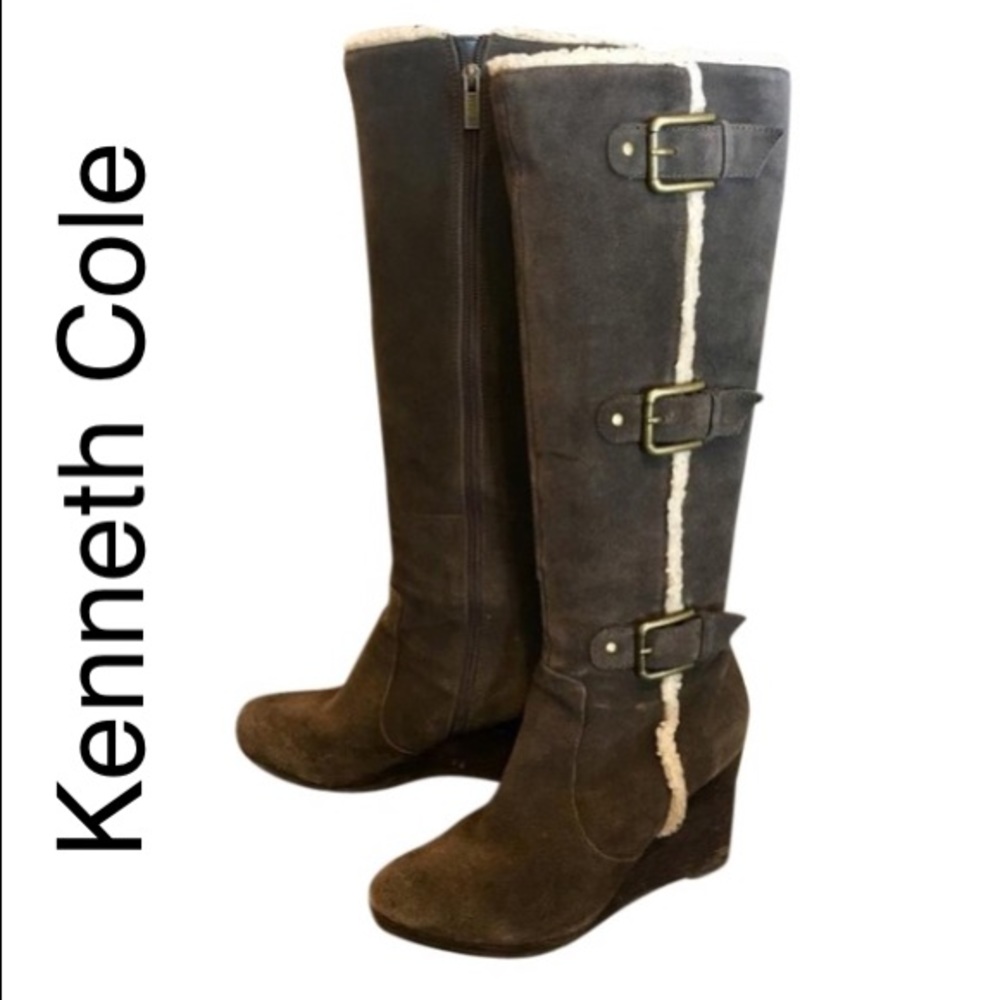 Suede Leather Wedge Boots Brown Kenneth Cole