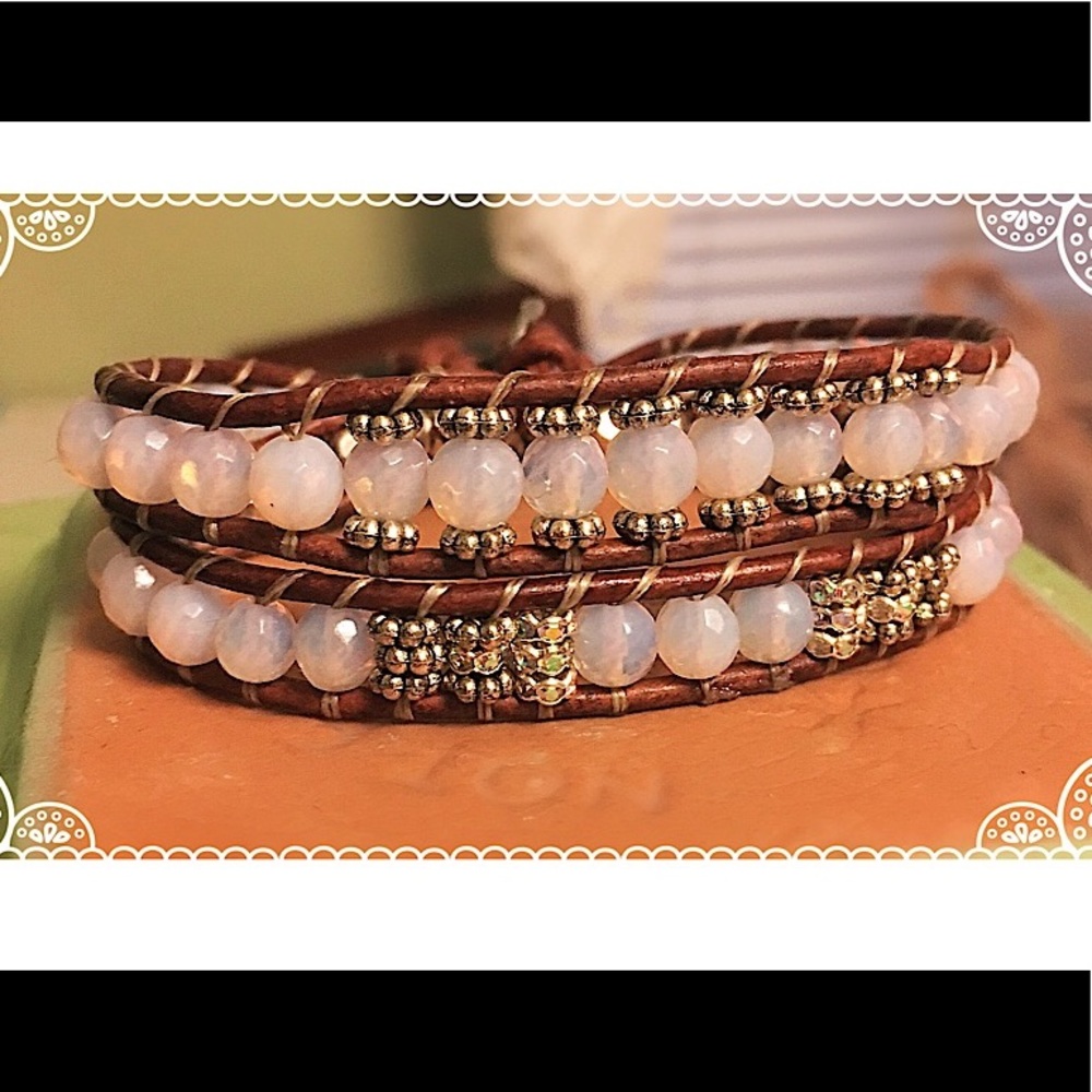 Birthstone October Natural Pink Opal Leather wrap
