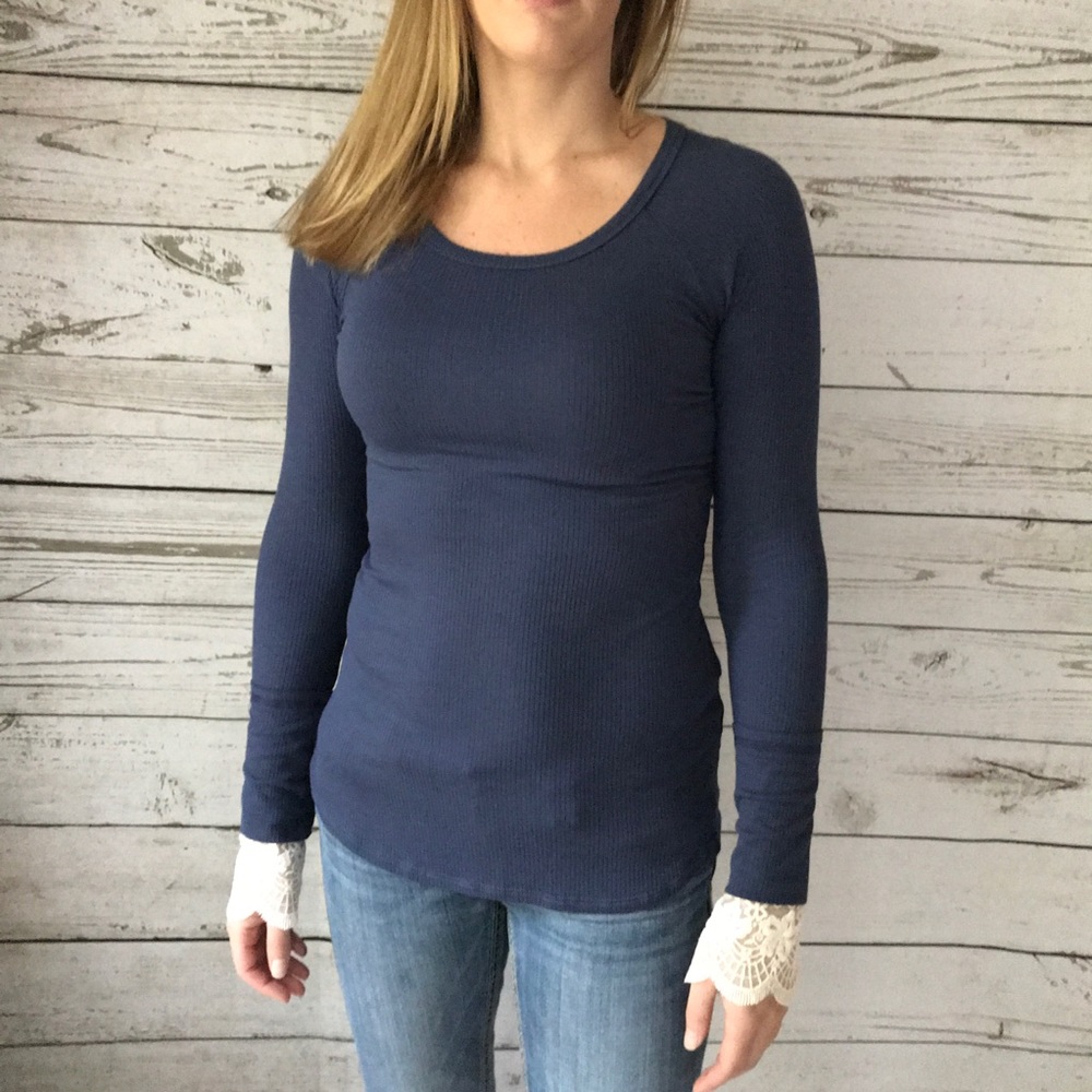 Navy Blue Long Sleeve Shirt with Lace Accent