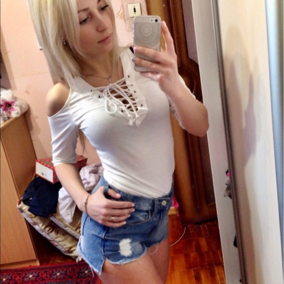 Lace Up Sexy V-Neck Open Cold Shoulder Top- White - Picture 2 of 8