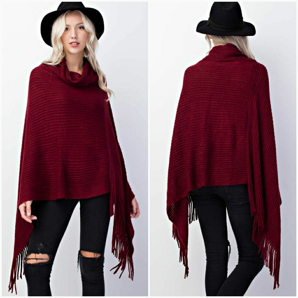 Ribbed Fringe Cowl Neck Poncho - Picture 2 of 4