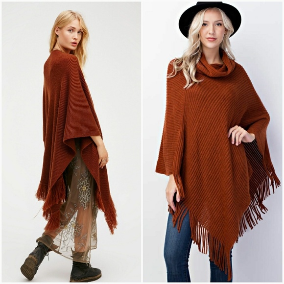 Ribbed Fringe Cowl Neck Poncho - Picture 3 of 4