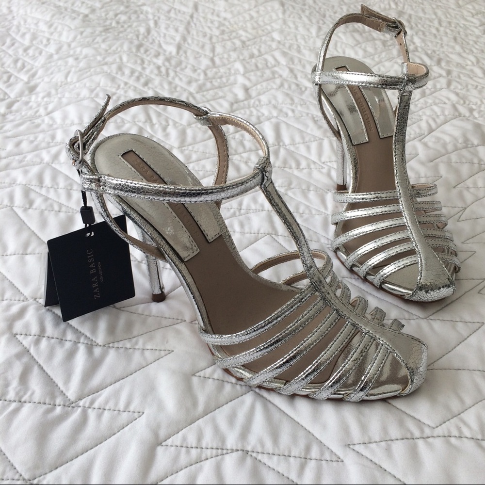 Zara Metallic T Strap Heels NWT