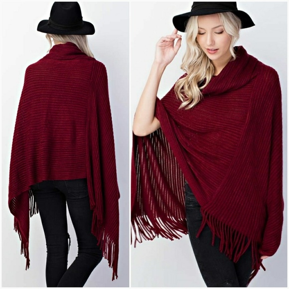 Ribbed Fringe Cowl Neck Poncho - Picture 2 of 4