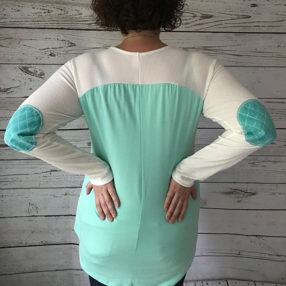 Aqua and White Long Sleeve Shirt with Elbow Patch
